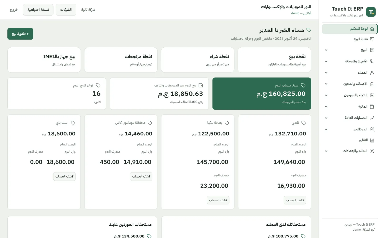 Touch It ERP dashboard showing today's net sales, profit, and cash, bank and wallet balances